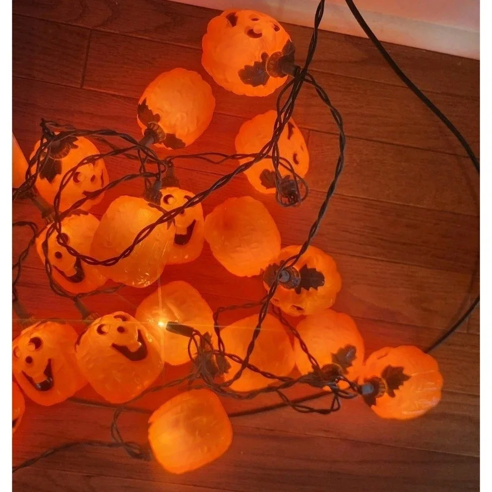 Vintage Halloween Blow Mold Jack O Lantern Pumpkin String Lights Working